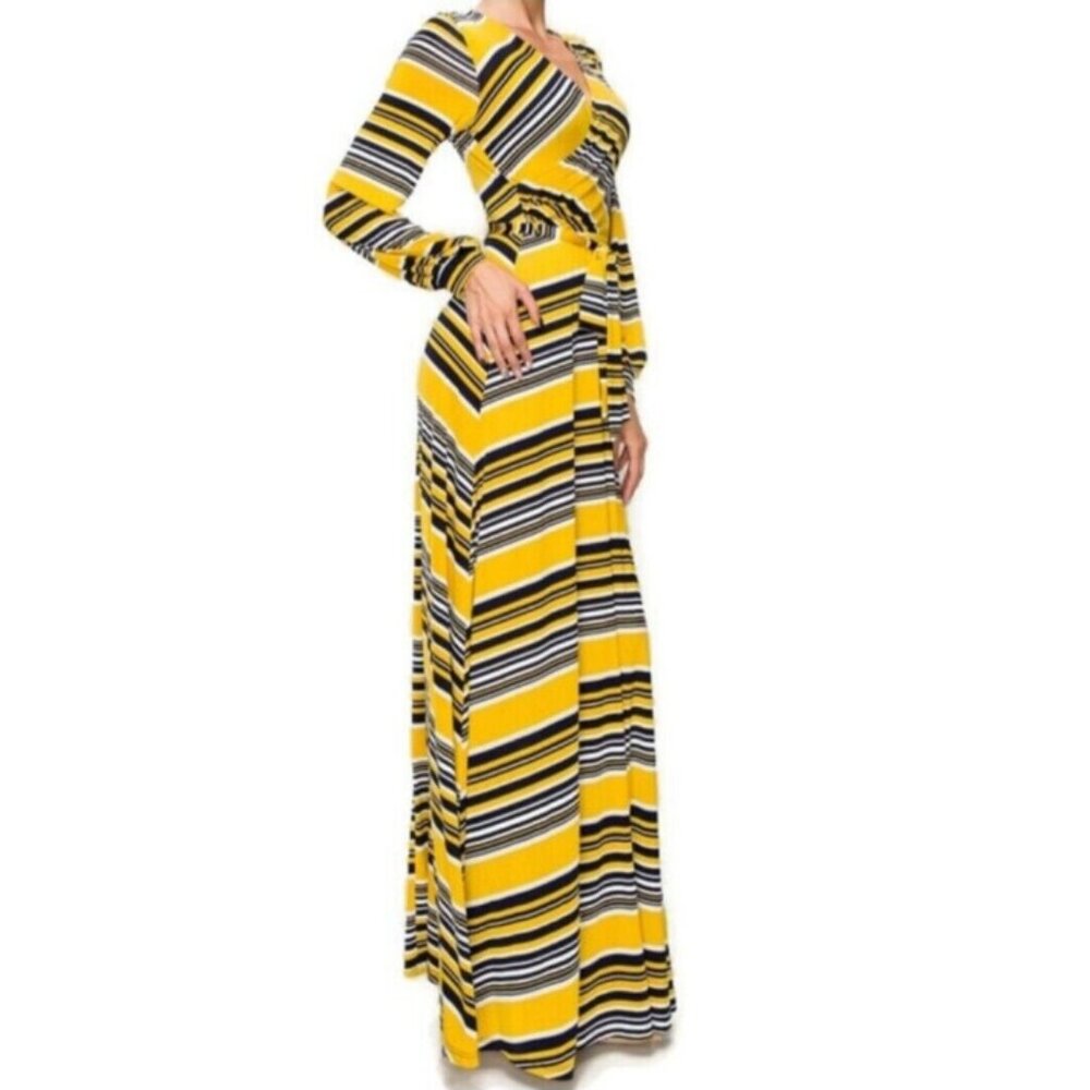 Janette Fashion Yellow White Navy Stripe Bell Long Sleeve Faux Wrap Maxi Dress